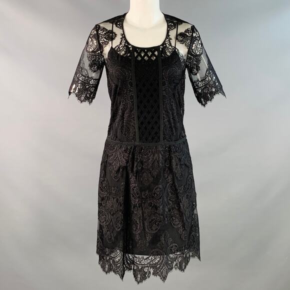 BURBERRY Size XS Black Lace Short Sleeve Drop Waist Knee Length Cocktail Dress - Picture 1 of 6
